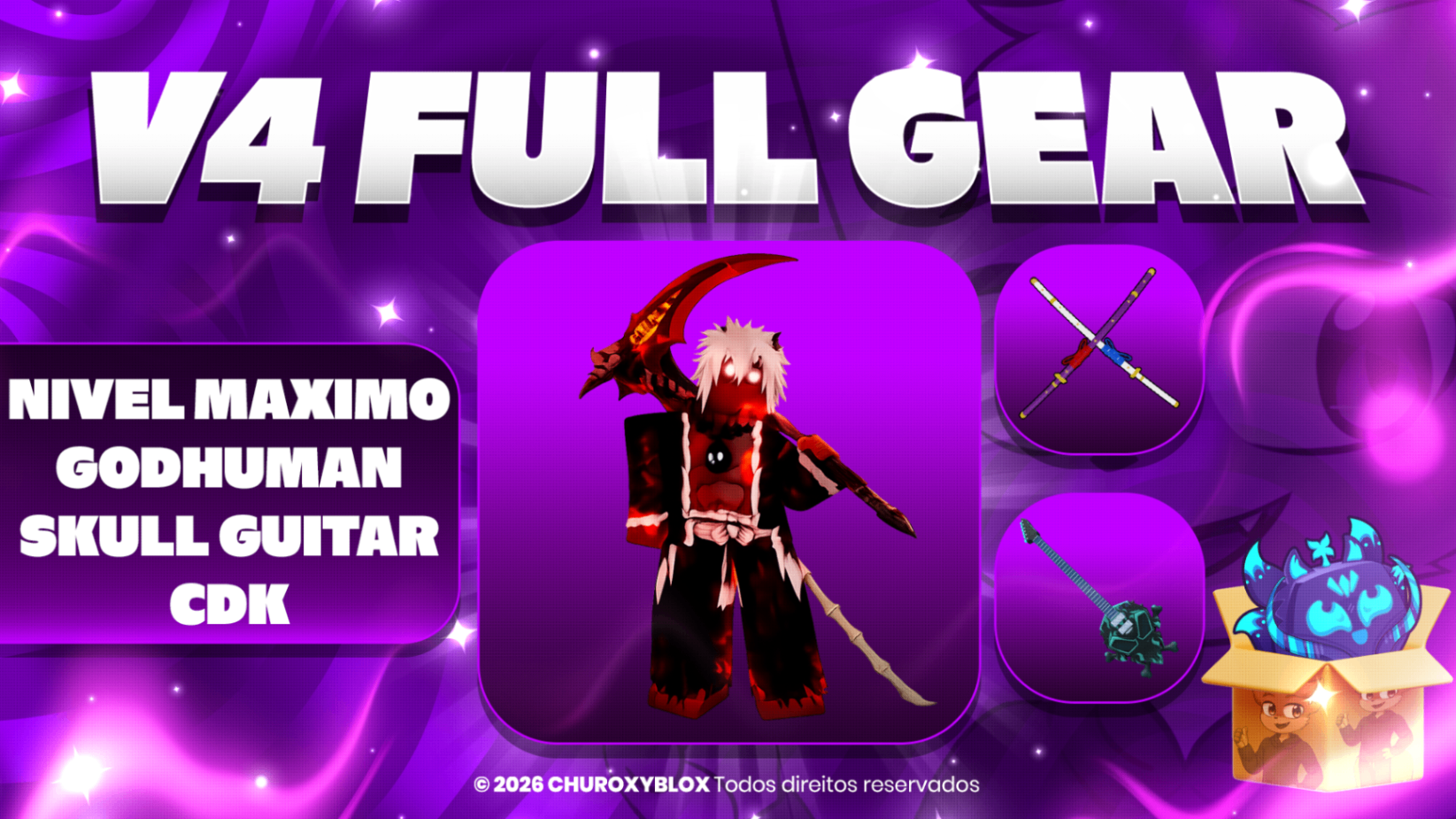 V4 FULL GEAR HUMAN + NÍVEL MÁXIMO + CDK + SKULL GUITAR + GODHUMAN